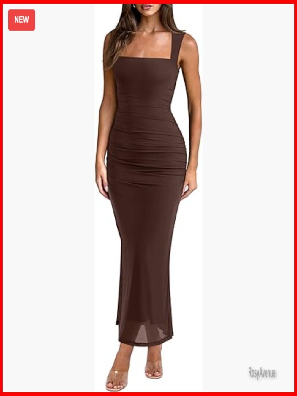 Sleeveless Square Neck Maxi Dress Mesh Ruched Bodycon Long Formal